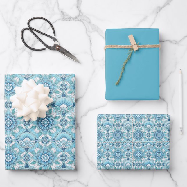 Feuille De Papier Cadeau Aqua, sarcelles, bleus et blanc Art Déco côtier (Recto)