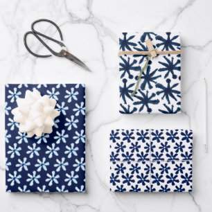Feuille De Papier Cadeau Aquarelle Abstraite florale Indigo Bleu Blanc