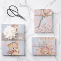 Aquarelle adorable Nounours et fleurs roses