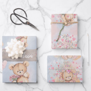 Feuille De Papier Cadeau Aquarelle adorable Nounours et fleurs roses
