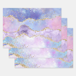 Feuille De Papier Cadeau Aquarelle Agate Or Paillettes Rose Violet Bleu 