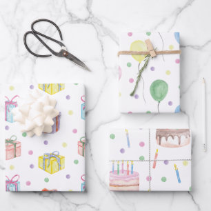 Feuille De Papier Cadeau Aquarelle Anniversaire Présent Ballons gâteau Conf