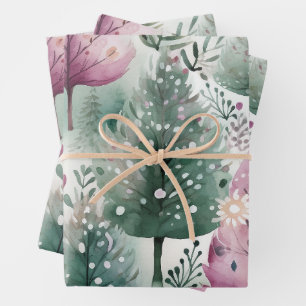 Feuille De Papier Cadeau Aquarelle Arbre de Noël rose violet vert