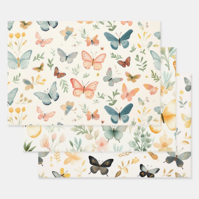 Feuille De Papier Cadeau Aquarelle Baby shower papillon floral (Lot)