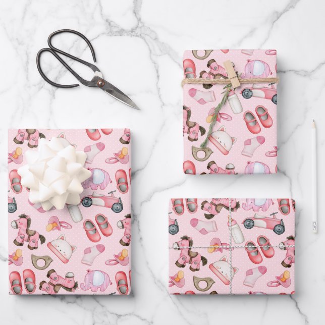 Feuille De Papier Cadeau Aquarelle Bébé Fille Jouets Motif Vêtements Douche (Recto)