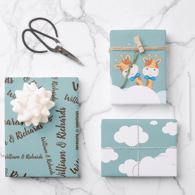 Feuille De Papier Cadeau Aquarelle bébé Giraffe, Safari jumeaux Anniversair (Recto)