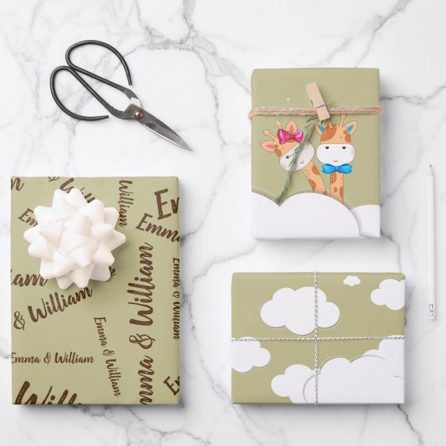 Feuille De Papier Cadeau Aquarelle bébé Giraffe, Safari jumeaux Anniversair (Recto)