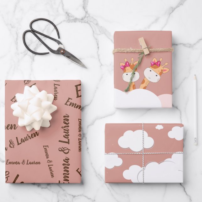 Feuille De Papier Cadeau Aquarelle bébé Giraffe, Safari jumeaux Anniversair (Recto)