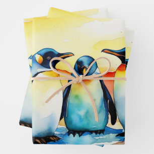 Feuille De Papier Cadeau Aquarelle bébé pingouin Jouer dans la neige