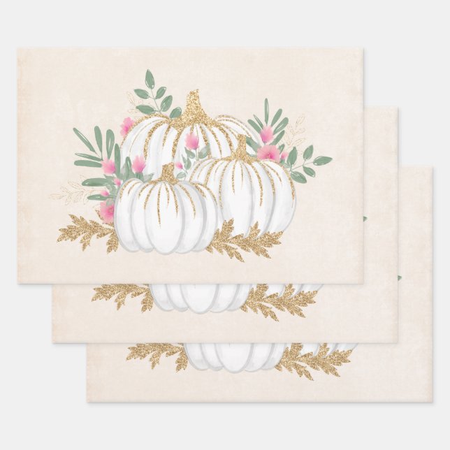 Feuille De Papier Cadeau Aquarelle blanche et Citrouille or (Lot)