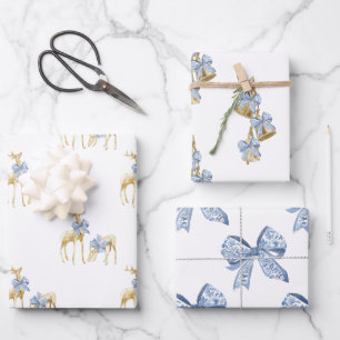Feuille De Papier Cadeau Aquarelle Bleu Bow Chinoiserie Reindeer et Bells