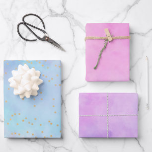 Feuille De Papier Cadeau Aquarelle bleu Confetti Pink Purple Girl Gold