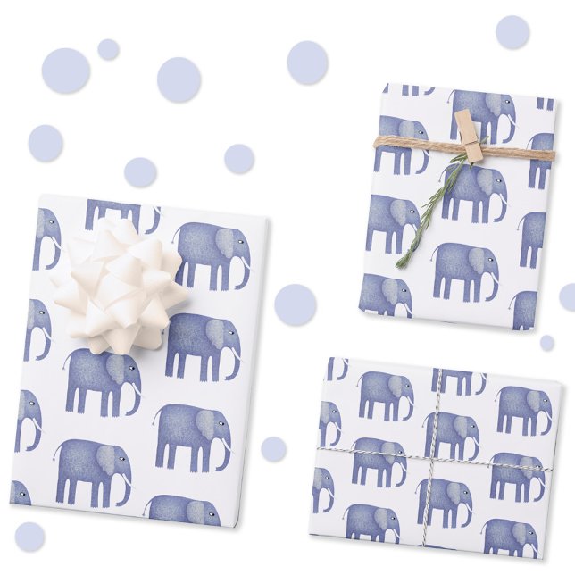 Feuille De Papier Cadeau Aquarelle bleu éléphant (Blue watercolor elephant gift wrap paper sheets)