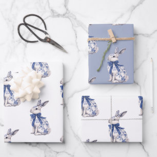 Feuille De Papier Cadeau Aquarelle Bleu et blanc Chinoiserie Lapin Rabbit