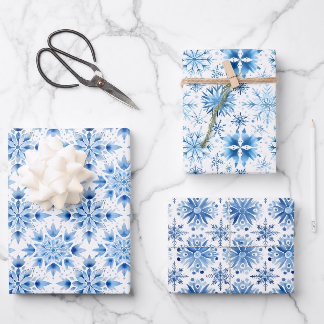 Feuille De Papier Cadeau Aquarelle bleu Noël Snowflakes Enveloppement (Recto)