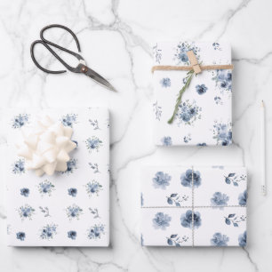 Feuille De Papier Cadeau Aquarelle bleu poussiéreux Floral