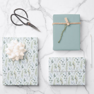 Feuille De Papier Cadeau Aquarelle bleu vert Botanique
