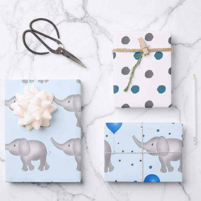 Feuille De Papier Cadeau Aquarelle bleue Eléphants et points Motif ensemble (Recto)