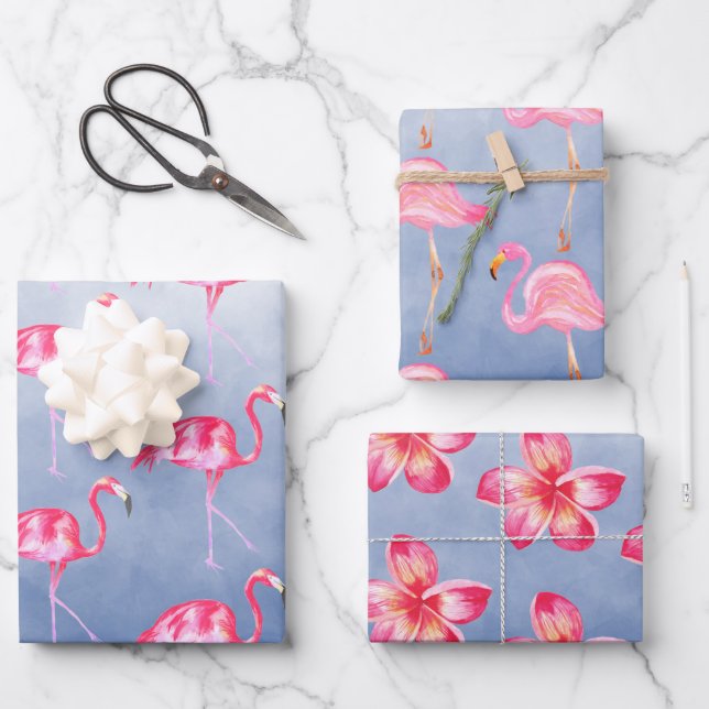Feuille De Papier Cadeau Aquarelle bleue Flamants roses roses Floral (Recto)