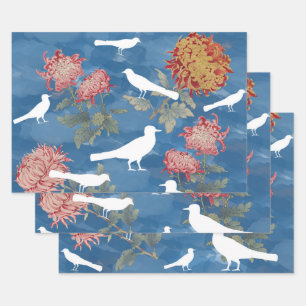 Feuille De Papier Cadeau Aquarelle bleue Fleurs Vintages et oiseaux