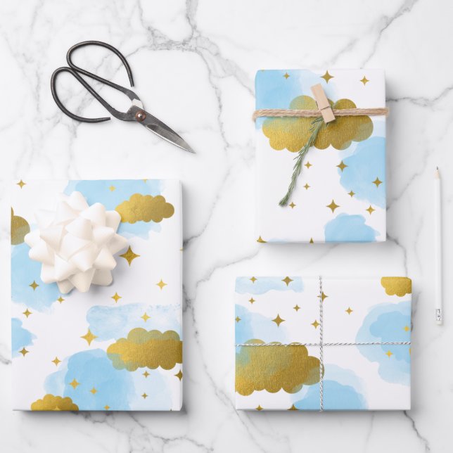 Feuille De Papier Cadeau Aquarelle bleue Nuages Gold Stars Sky (Recto)