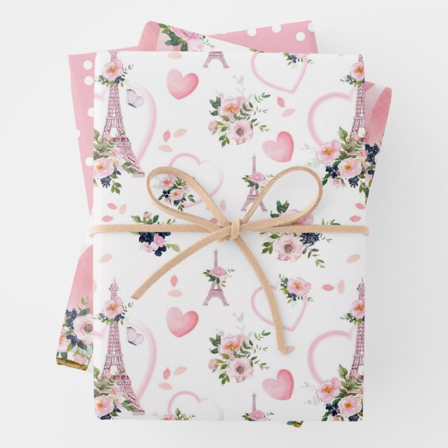 Feuille De Papier Cadeau Aquarelle Blush Floral Tour Eiffel Motif (En situation)