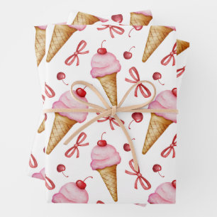 Feuille De Papier Cadeau Aquarelle Bow Pink Ice Cree Cône