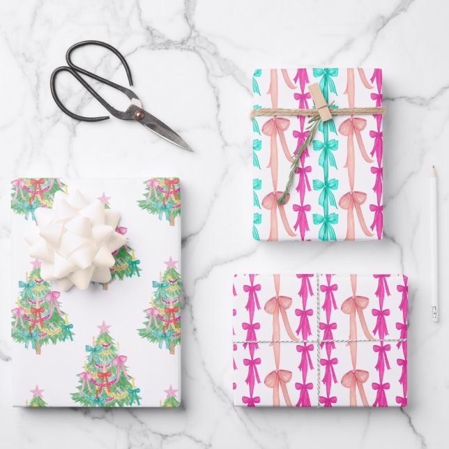 Feuille De Papier Cadeau Aquarelle Bright Coquette Bord Arbre de Noël (Recto)