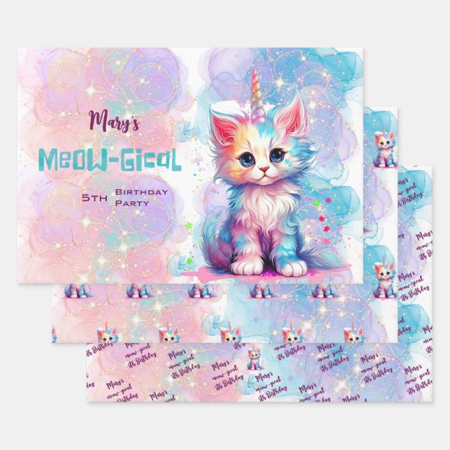 Feuille De Papier Cadeau Aquarelle Caticorn Meow-Gical Anniversaire (Lot)
