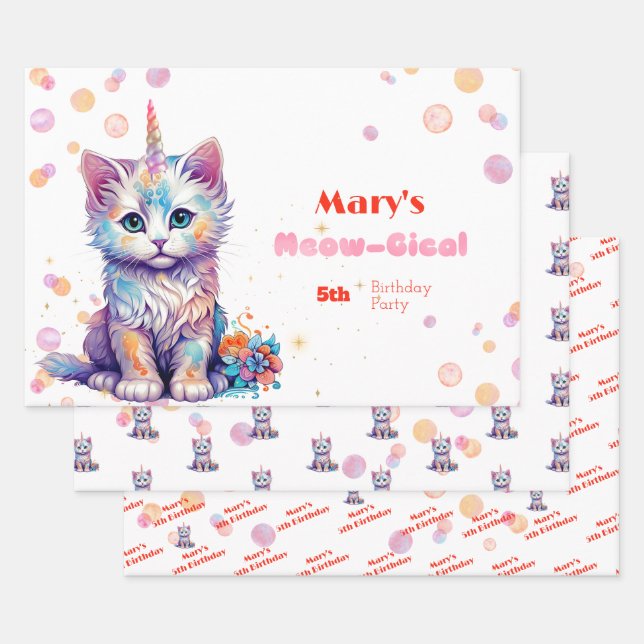 Feuille De Papier Cadeau Aquarelle Caticorn Meow-Gical Anniversaire (Lot)