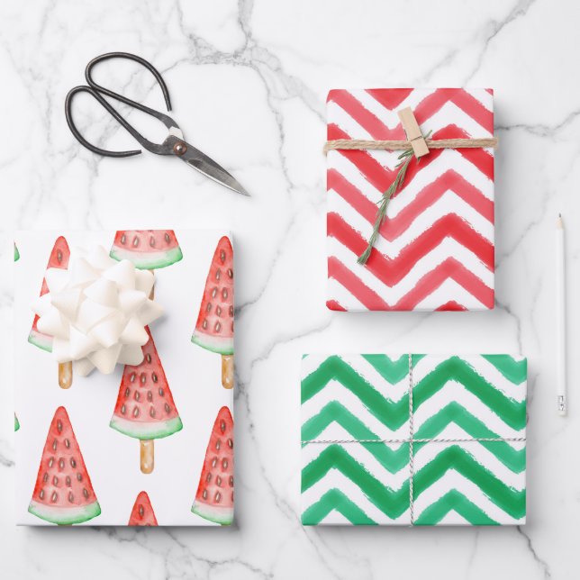 Feuille De Papier Cadeau Aquarelle Chevron Watermelon Popsicle (Recto)