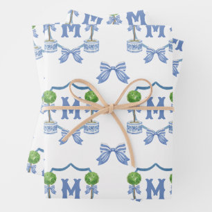 Feuille De Papier Cadeau Aquarelle Chinoiserie Bleu Topio Monogramme Crest