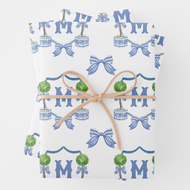 Feuille De Papier Cadeau Aquarelle Chinoiserie Bleu Topio Monogramme Crest (En situation)