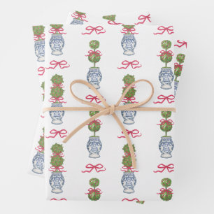 Feuille De Papier Cadeau Aquarelle Chinoiserie Noël Bow rouge Topio