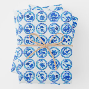 Feuille De Papier Cadeau Aquarelle Chinoiserie Plaques Bleues Motif
