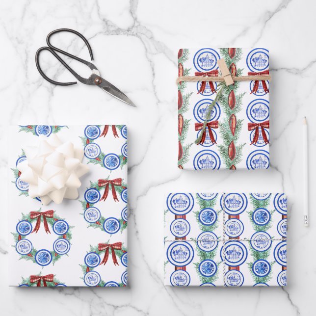 Feuille De Papier Cadeau Aquarelle Chinoiserie Plaques Wreath Noël (Recto)