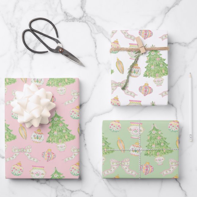 Feuille De Papier Cadeau Aquarelle Chinoiserie rose Baubles Arbre de Noël (Recto)