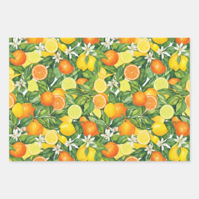 Feuille De Papier Cadeau Aquarelle Citron, Orange et Lime Citronnée (Devant)