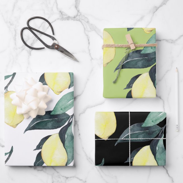 Feuille De Papier Cadeau Aquarelle Citrons jaunes Motif sans couture (Recto)
