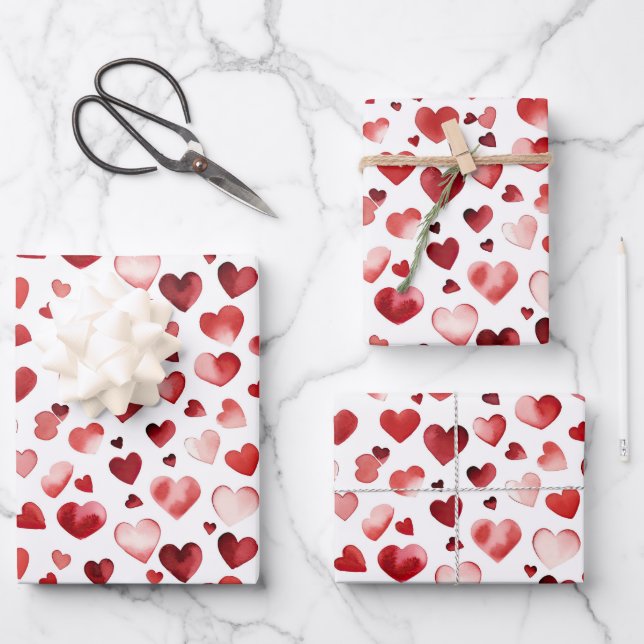 Feuille De Papier Cadeau Aquarelle Coeurs rouges Saint Valentin (Recto)