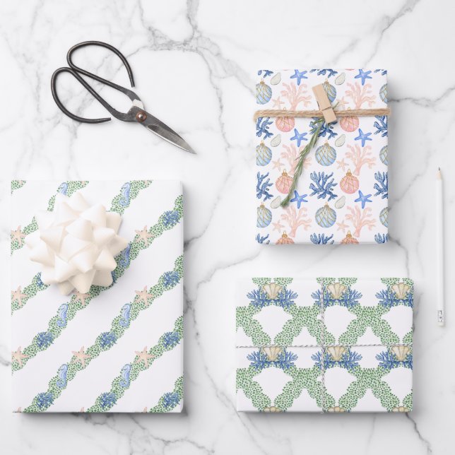 Feuille De Papier Cadeau Aquarelle Côtière Mer Jardin de Noël (Recto)