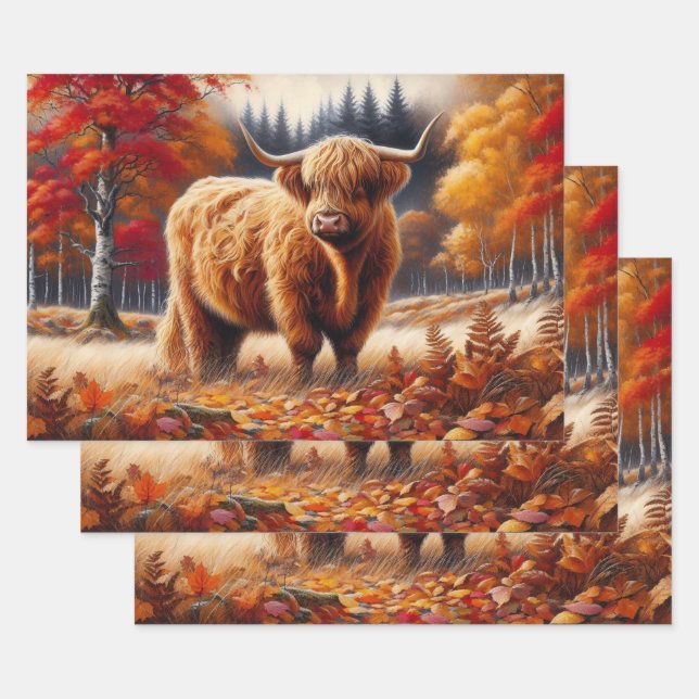 Feuille De Papier Cadeau Aquarelle d'automne de la vache Highland (Lot)
