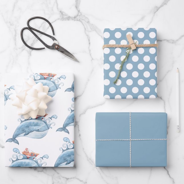 Feuille De Papier Cadeau Aquarelle de baleine bleue Anniversaire (Recto)