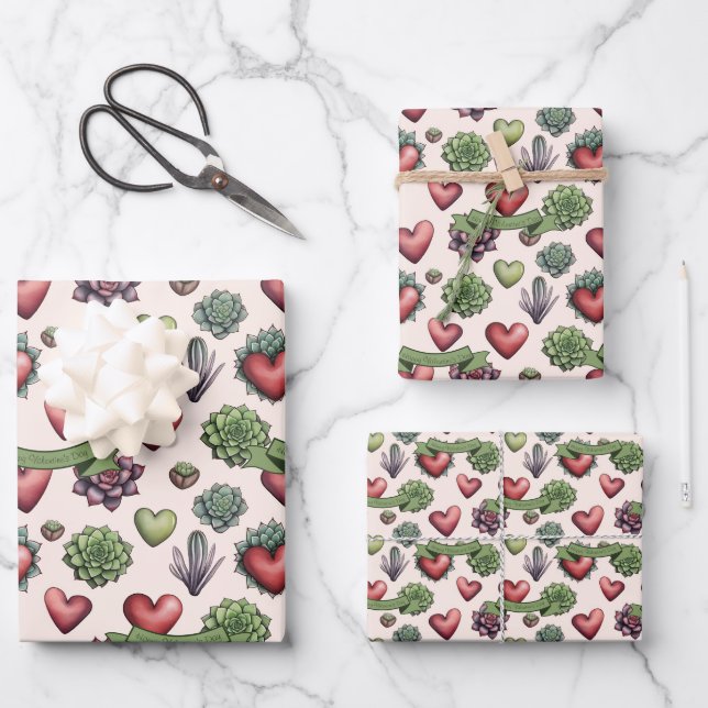 Feuille De Papier Cadeau Aquarelle de coeur Succulente Valentines Motif de  (Recto)