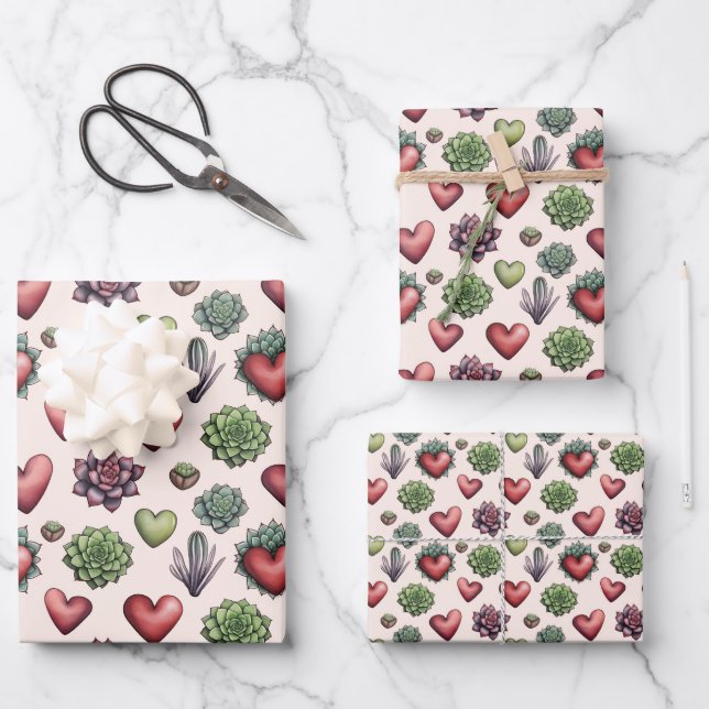 Feuille De Papier Cadeau Aquarelle de coeur Succulente Valentines Motif de  (Recto)