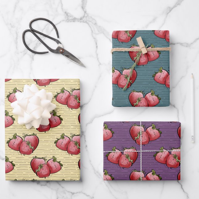 Feuille De Papier Cadeau Aquarelle de fraises d'été (Recto)