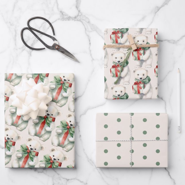 Feuille De Papier Cadeau Aquarelle de l'ours polaire vert et blanc (Recto)