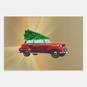Feuille De Papier Cadeau Aquarelle de Noël de la voiture rouge vintage