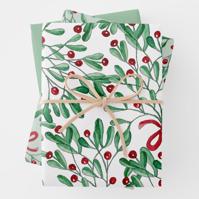 Feuille De Papier Cadeau Aquarelle de Noël Rustique Mistletoe (En situation)