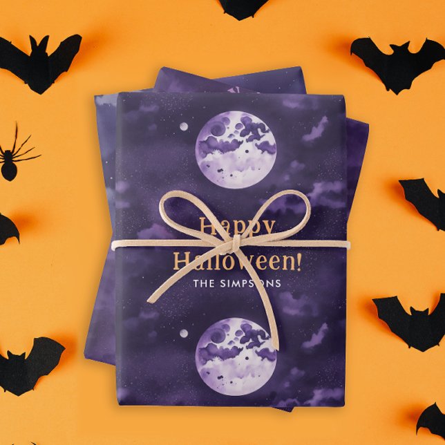 Feuille De Papier Cadeau Aquarelle de nuit éffrayante violette d'Halloween (Créateur téléchargé)